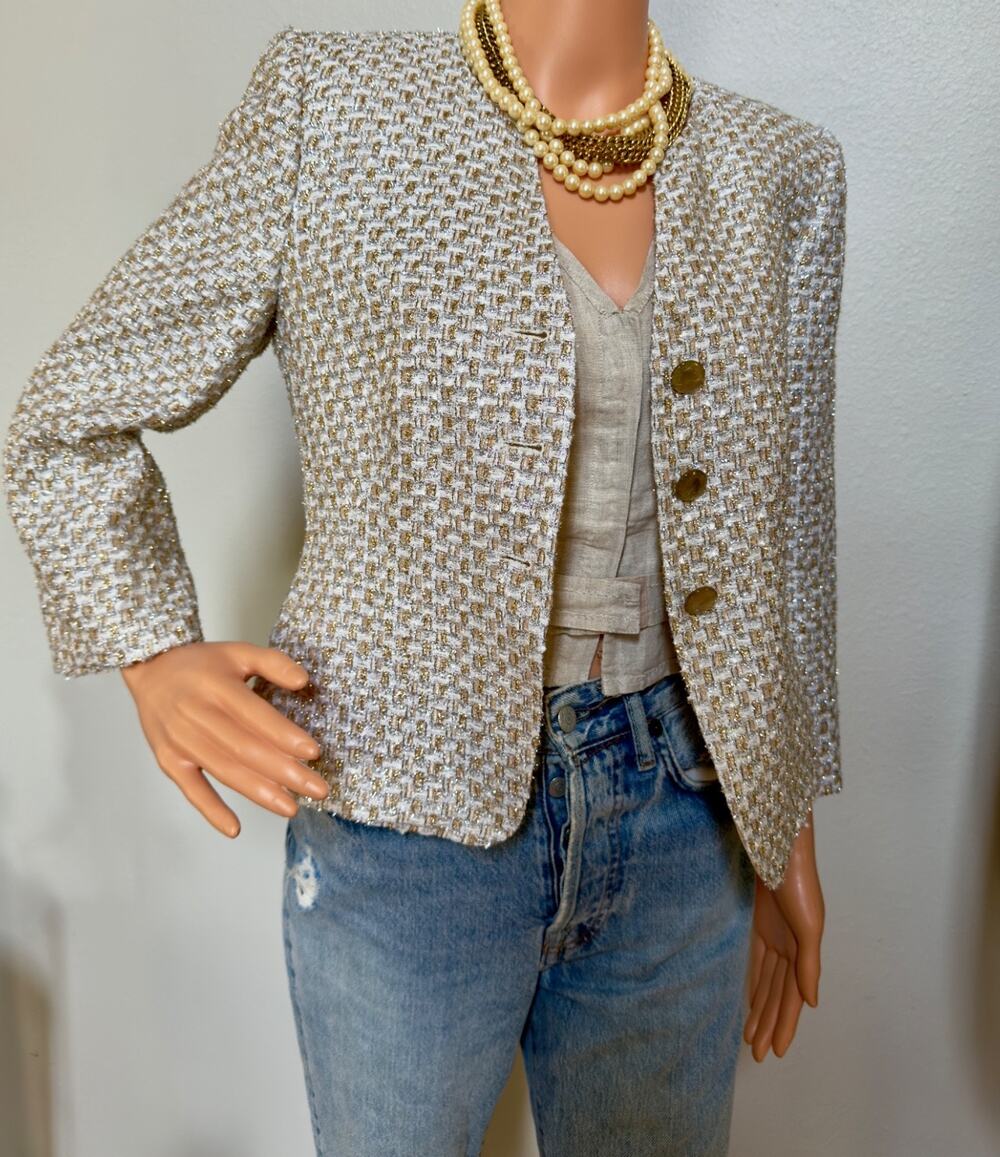 NWOT Armani Collezioni Metallic Gold Tweed Cropped Button Jacket Italy US 4
